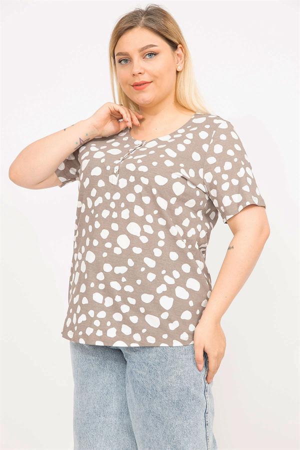 Kadın Vizon Büyük Beden Pamuklu Kumaş Ön Pat Düğmeli Bluz 65N35792