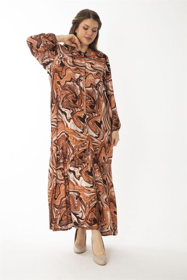 Kadın Büyük Beden Renkli Dokuma Viskon Kumaş Ön Boy Düğmeli Etek Ucu Katlı Elbise 65N37087