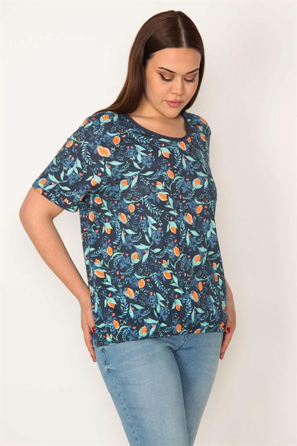 KADIN KEMİK PAMUKLU KUMAŞ BİSİKLET YAKALI ETEK UCU LASTİKLİ ÇİÇEK DESENLİ BLUZ