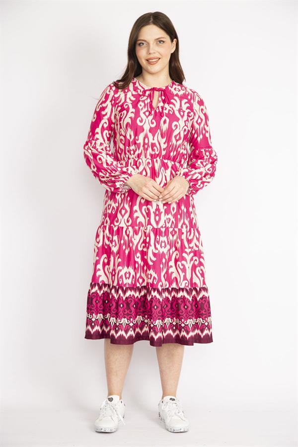 KADIN RENKLİ YAKA BAĞCIKLI KATLI UZUN ELBİSE