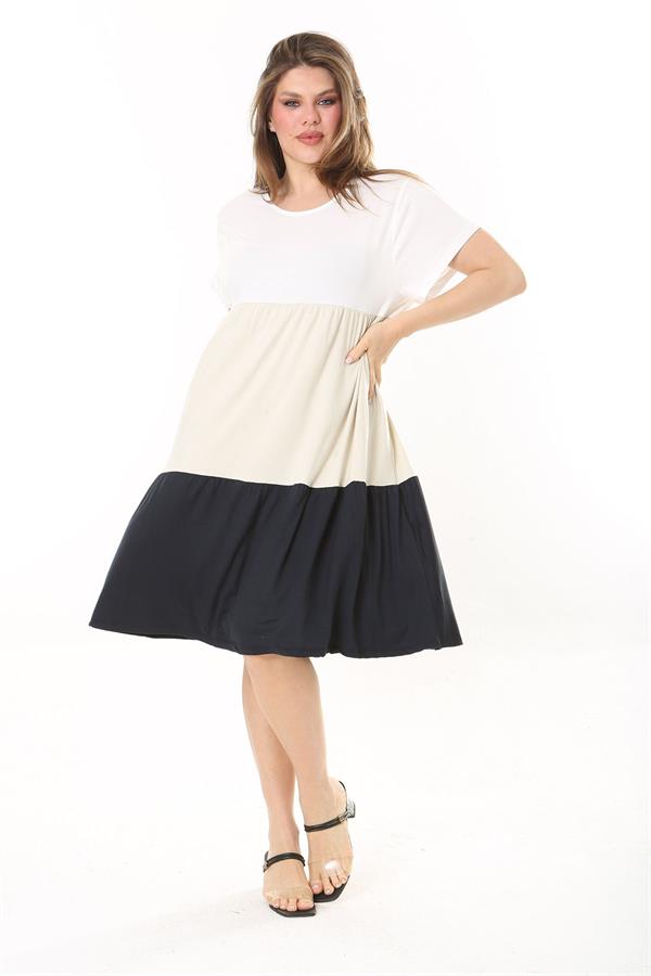 Kadın Büyük Beden Renkli Renk Kombinli Katlı Kısa Kol Elbise 65N37874