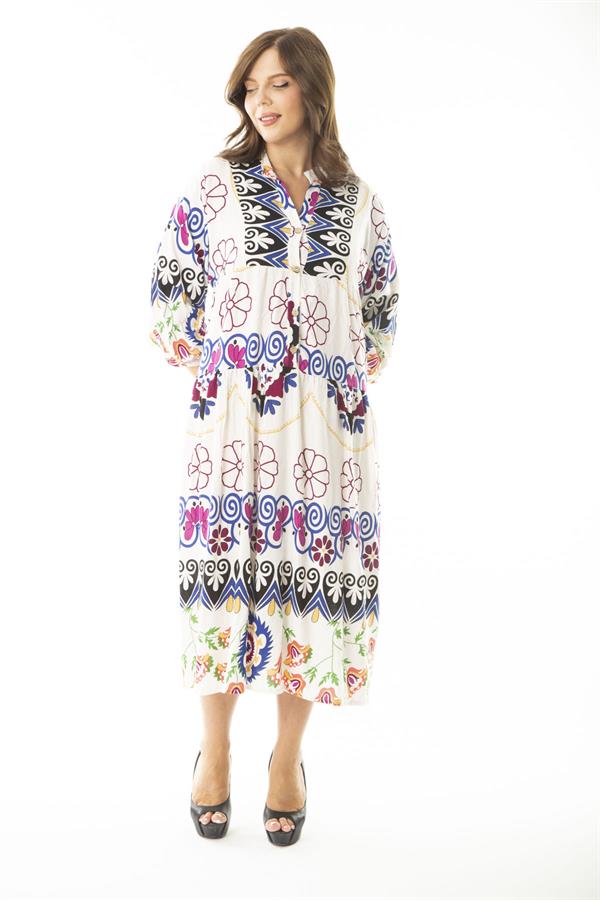 Kadın Büyük Beden Saks Dokuma Viskon Kumaş Ön Yarım Düğmeli Uzun Kollu Elbise 65N36886