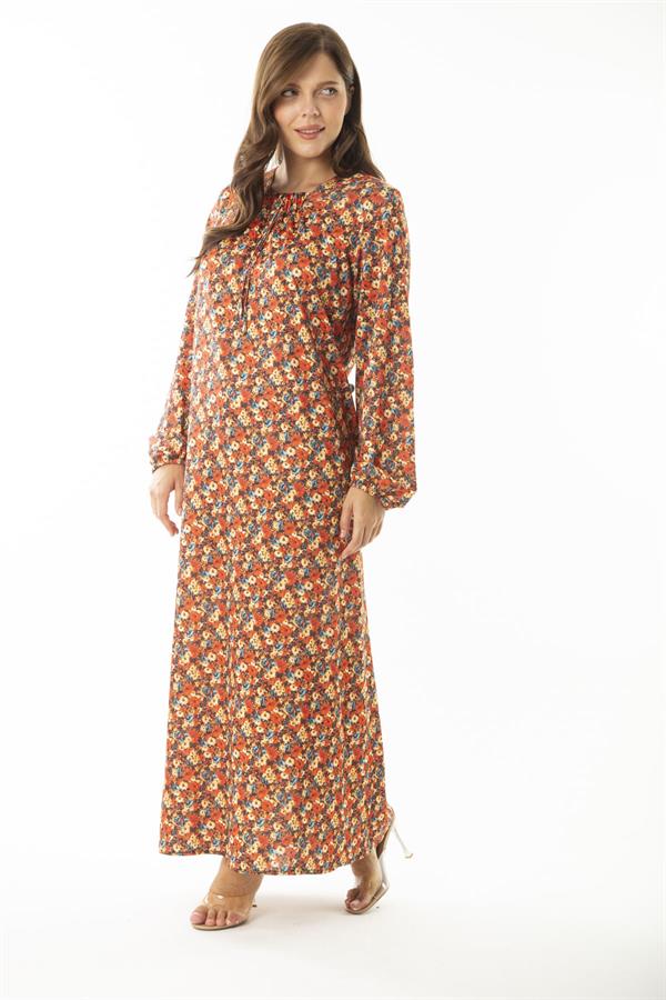 Kadın Büyük Beden Renkli Yakası Büzgü Ve Kol Ağzı Lastik Detaylı Uzun Elbise 65N36905