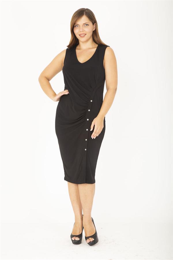 Kadın Büyük Beden Siyah V Yakalı Önü Küçük Metal Düğmeli Elbise 65N36850