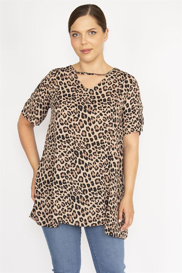 Kadın Leo Büyük Beden Leopar Desenli Ön Yırtmaçlı Bluz