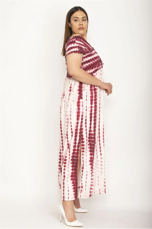 Kadın Fuşya Yakası Geniş Gipe Lastikli Yan Yırtmaçlı Uzun Elbise 65N26897