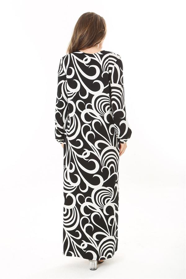 Kadın Büyük Beden Kahve Yaka Bağcıklı Uzun Kollu Maksi Boy Elbise 65N37866