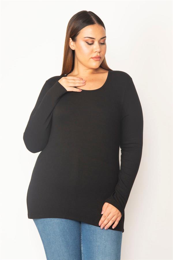 Kadın Büyük Beden Lacivert Pamuklu Kumaş Bisiklet Yakalı Uzun Kollu Bluz 65N37715