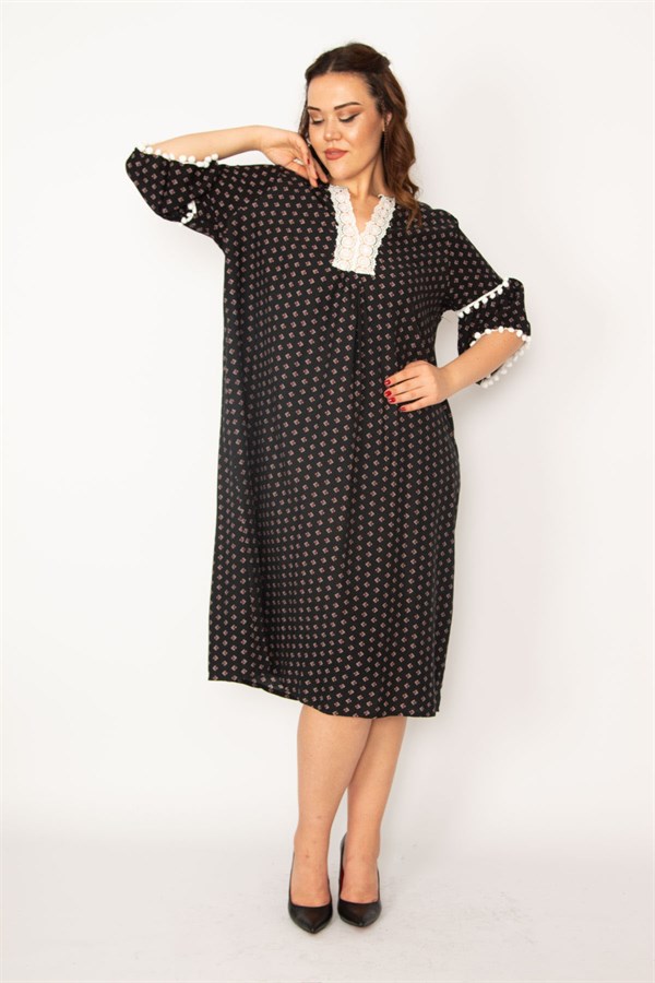 Kadın Renkli Dantel Detaylı Dokuma Viskon Kumaş Elbise 65N33210