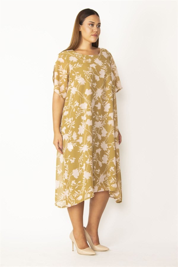 Kadın Haki Astarlı Yırtmaç Kollu Şifon Elbise 65N28127