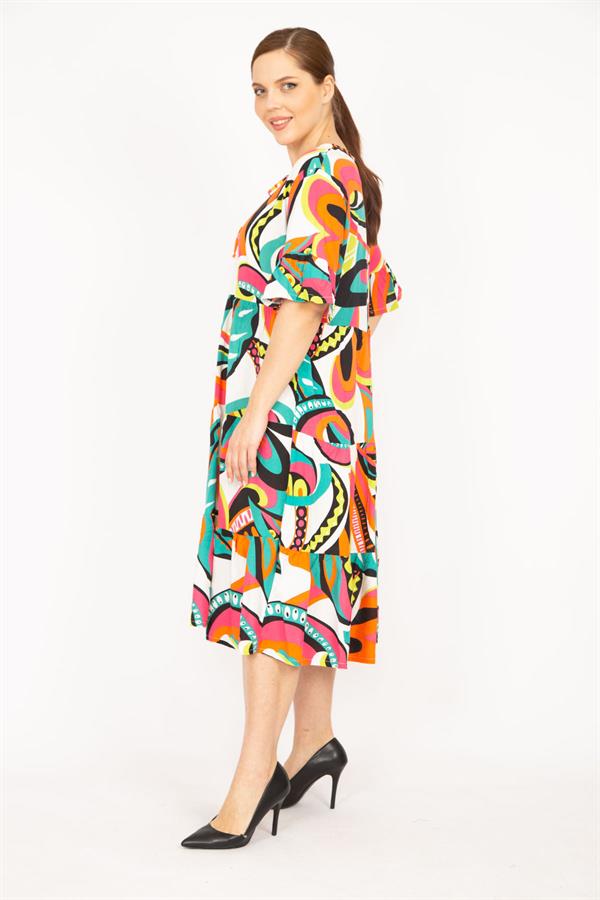 Kadın Renkli Büyük Beden Dokuma Viskon Kumaş Katlı Elbise 65N35838