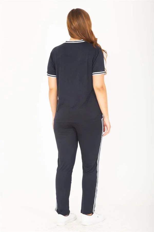 Kadın Büyük Beden Lacivert Ribanall Kısa Kollu Bluz Pantolon Eşofman Takım 65N36811