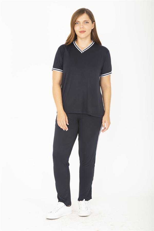 Kadın Büyük Beden Lacivert Ribanall Kısa Kollu Bluz Pantolon Eşofman Takım 65N36811