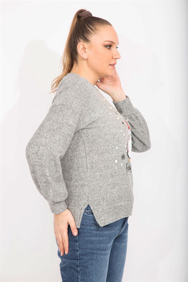 Kadın Gri İnci Ve Baskı Detaylı Yumoş Kumaş Bluz 65N35497