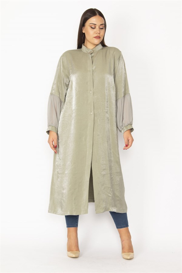 Kadın Siyah Simli Kumaş Kol Ağzı Şifon Detaylı Hakim Yaka Ön Düğmeli Uzun Kap 65N28483