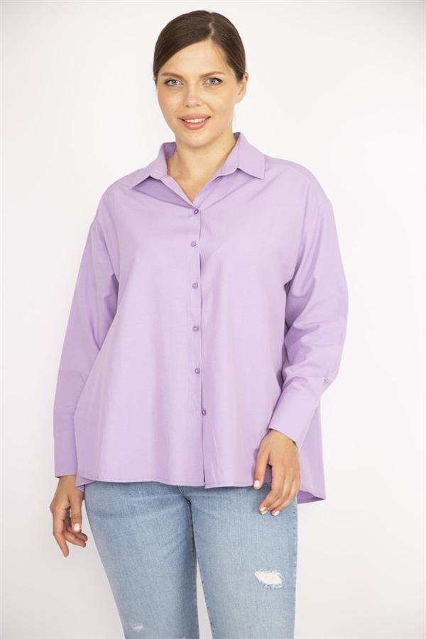 Kadın Büyük Beden Lila Poplin Kumaş Ön Düğmeli Yan Yırtmaçlı Uzun Kollu Gömlek 65N36798