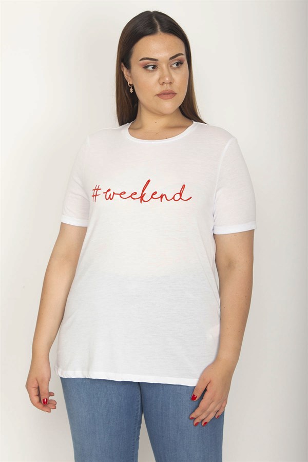 Kadın Beyaz Önü Nakış Yazılı Kısa Kollu Bluz 65N27042