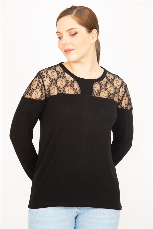 Kadın Siyah Büyük Beden Dantel Garnili Bluz