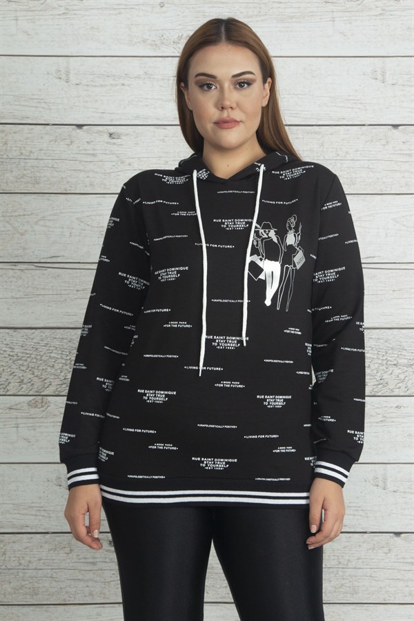 Women's Black Hooded Sweatshirt with Glittery Ribbed Hem and Cuffs 65N20362