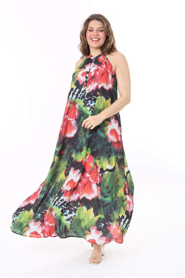 Kadın Büyük Beden Renkli Halter Yakalı Ön Patı Düğmeli Astarsız Krep Şifon Elbise 65N37986