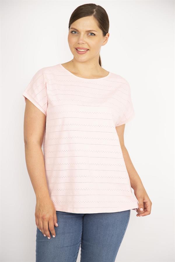 Kadın Pembe Büyük Beden Pamuk Kumaş Kendinden Desenli Düşük Kol Bluz