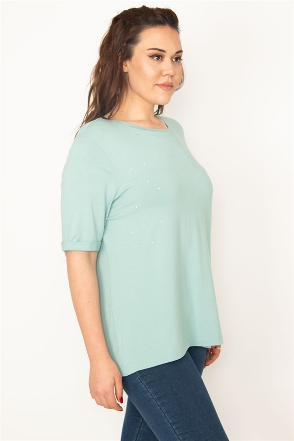 KADIN YEŞİL ÖNÜ TAŞ DETAYLI DUBLE KOL BLUZ