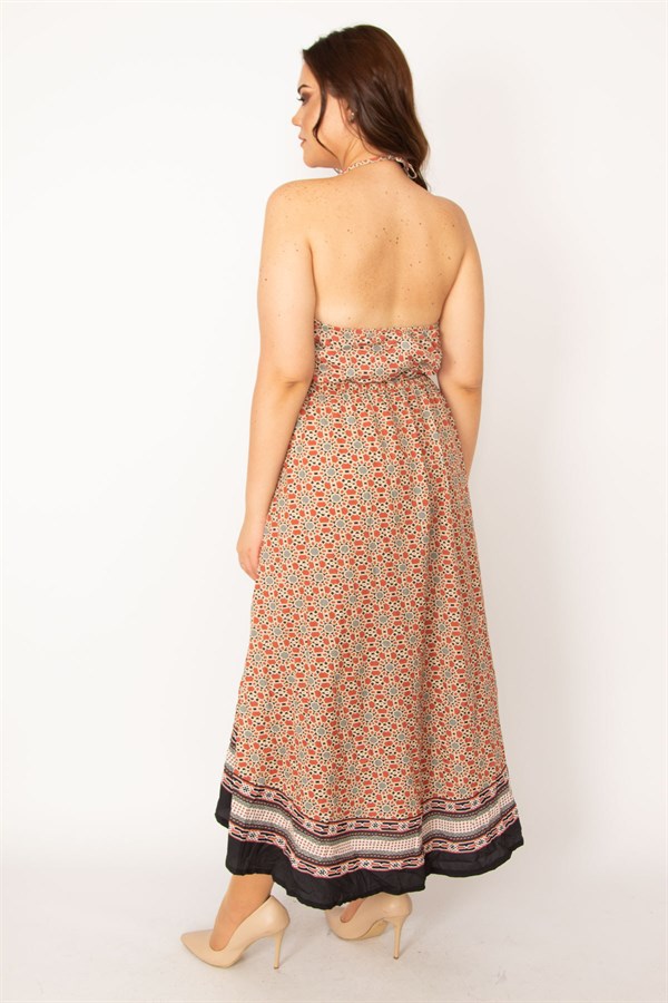 Kadın Renkli Boyundan Bağlamalı Arkası Uzun Elbise 65N33465