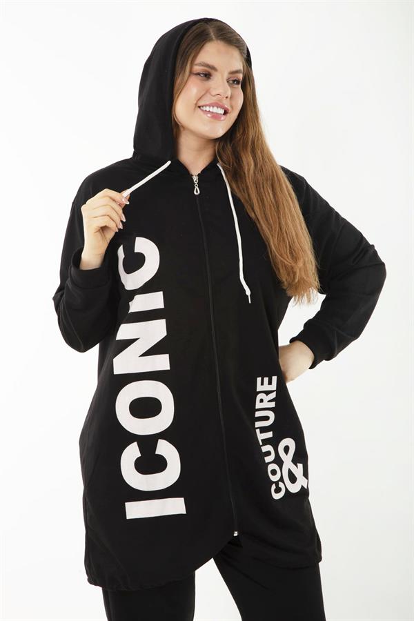 Kadın Büyük Beden Gri Baskı Ve Fermuar Detaylı Kapşonlu Sweatshirt Pantolon Takım 65N37128