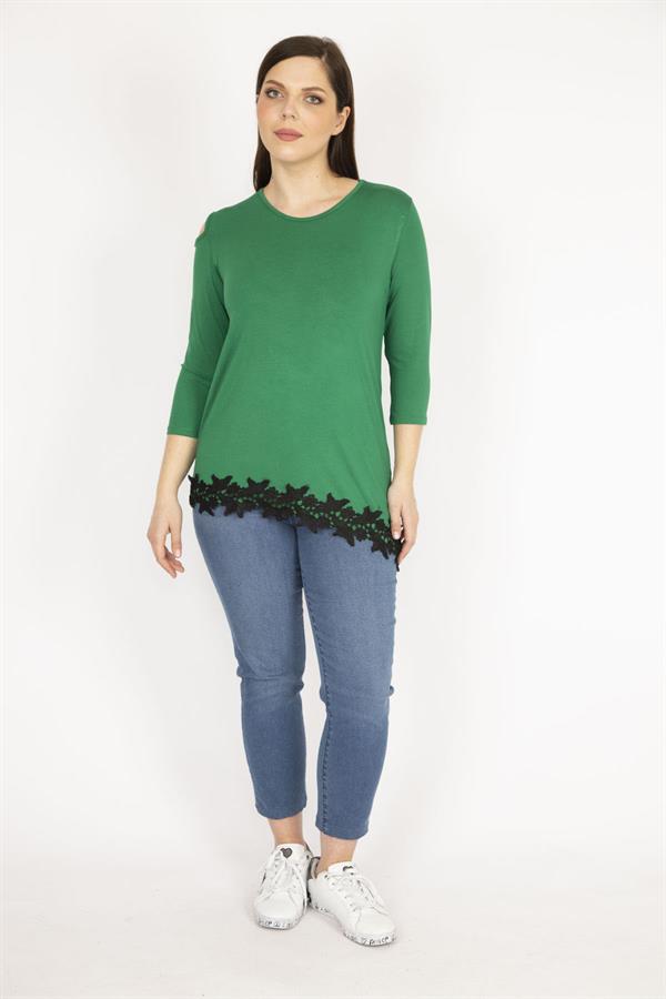 Kadın Siyah Büyük Beden Tek Omuz Dekolteli Etek Ucu Dantel Bluz