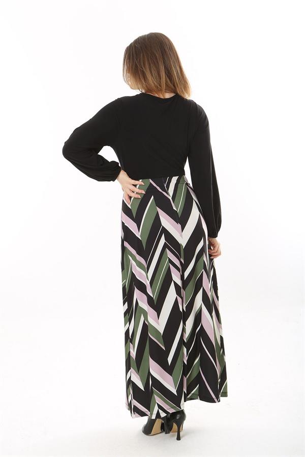 Kadın Büyük Beden Siyah Göğsü Büzgü Detaylı Uzun Kollu Elbise