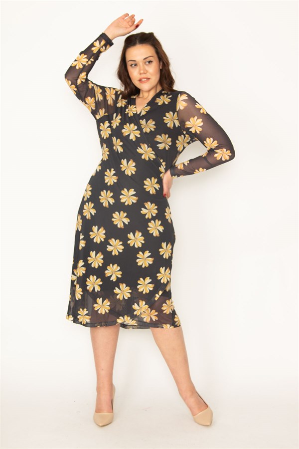 KADIN SİYAH KOLLARI TÜL BEDENİ ASTARLI KUŞAK BAĞLAMALI ÖNÜ AÇIK ANVELOP ELBİSE