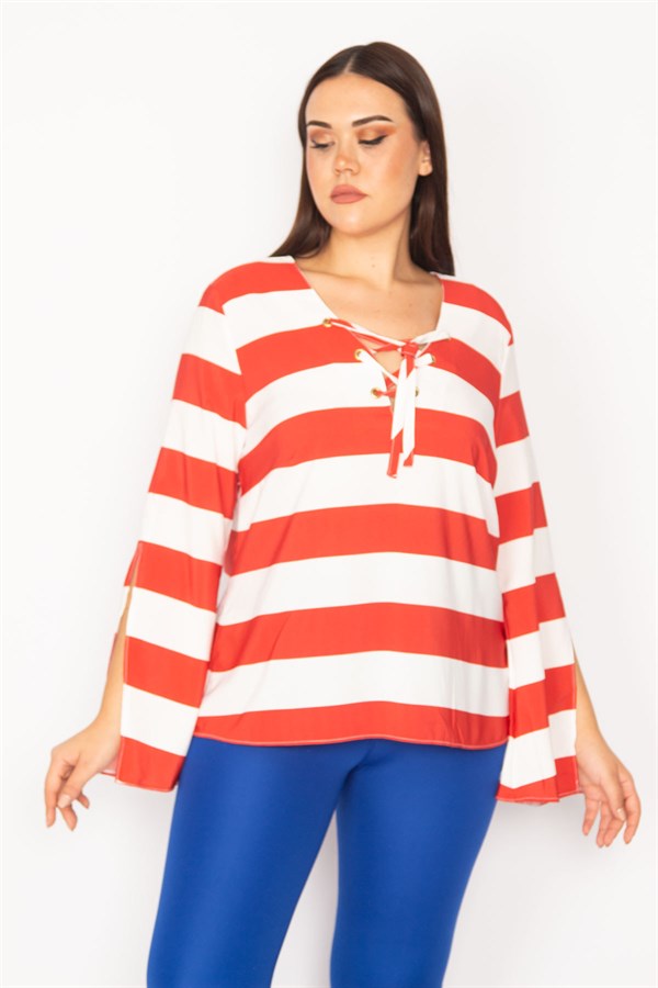 Kadın Kırmızı Yakası Kuşgözlü Bağcık Detaylı Kol Yırtmaçlı Çizgili Bluz 65N30165