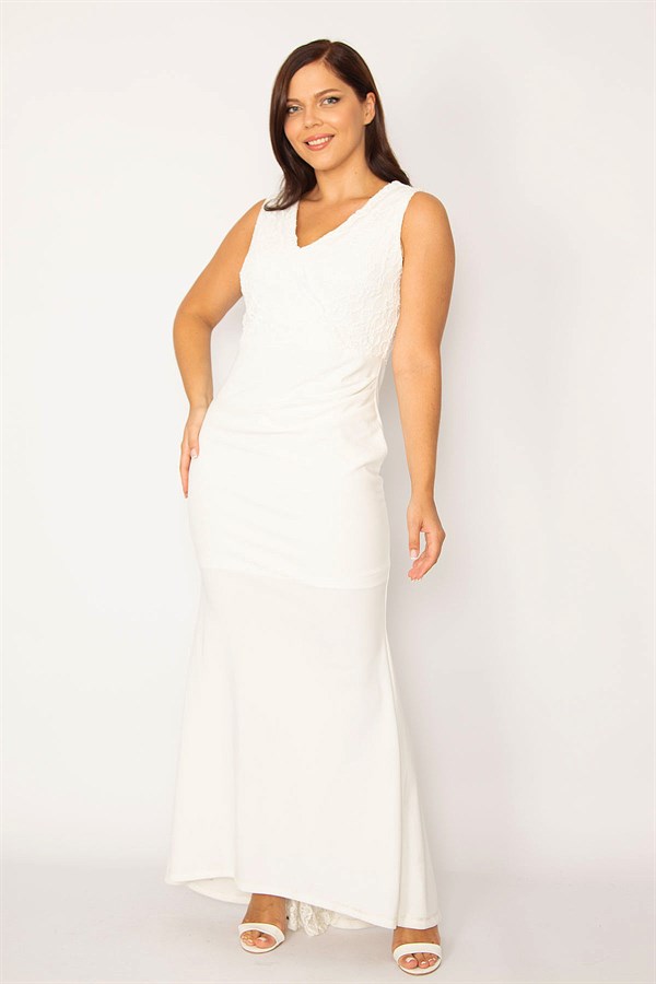 Kadın Kemik Üst Kısmı Ve Arka Yırtmacı Dantel Detaylı Krep Kumaş Uzun Abiye Elbise 65N34153