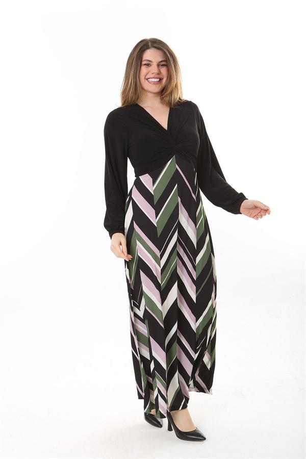 Kadın Büyük Beden Siyah Göğsü Büzgü Detaylı Uzun Kollu Elbise