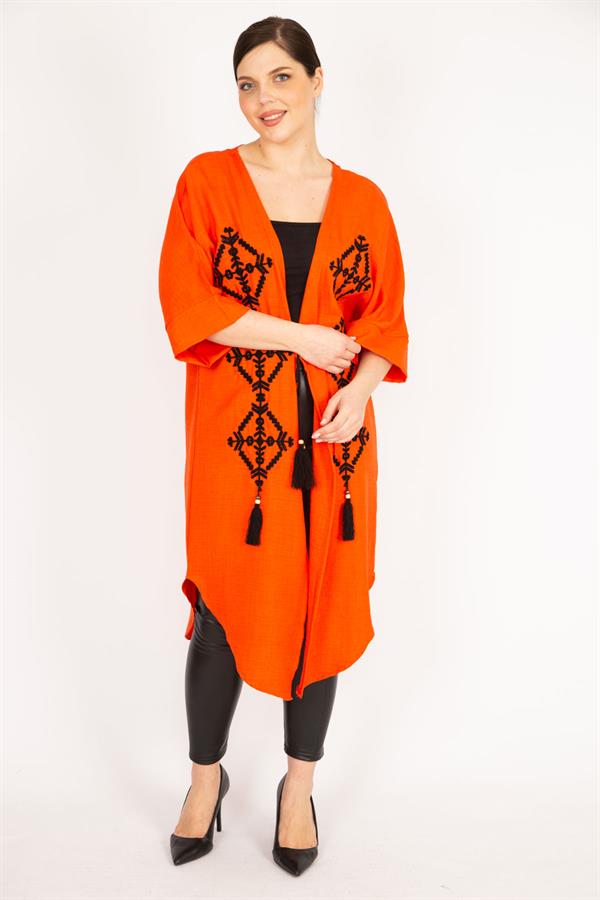 Women's Orange Plus Size Embroidered Detailed Cape