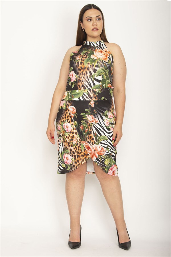 KADIN RENKLİ HALTER YAKALI ETEĞİ KAPALI ANVELOP ÇİÇEK DESENLİ ELBİSE