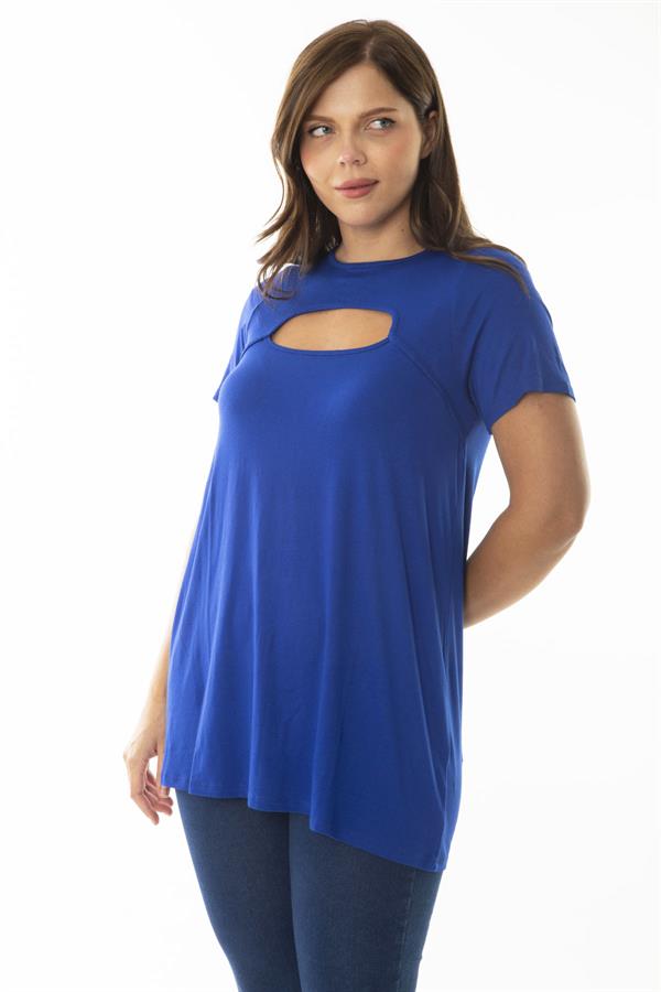 Kadın Büyük Beden Saks Göğüs Detaylı Bluz 65N36925