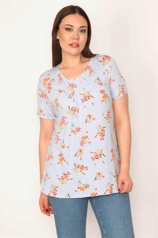 KADIN MAVİ YAKASI GİPE LASTİKLİ KISA KOLLU TUNİK