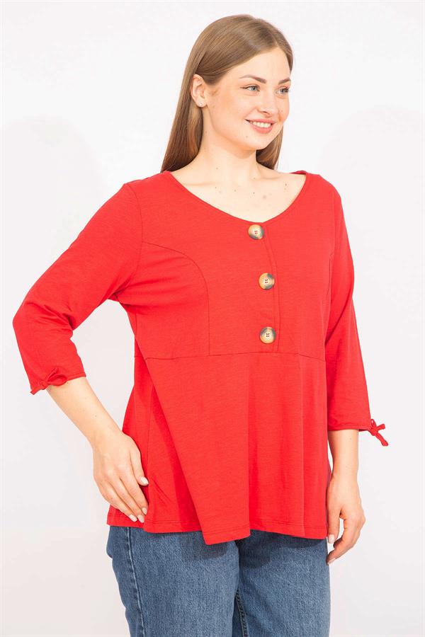 Kadın Kırmızı Büyük Beden Önü Süs Düğmeli Kol Bağcıklı Bluz 65N35734
