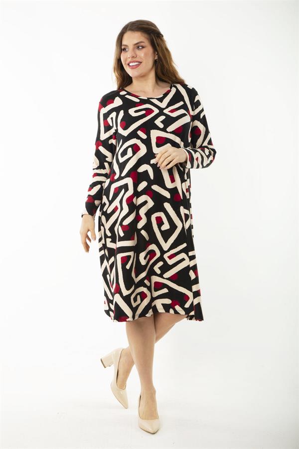 Kadın Büyük Beden Renkli Uzun Kollu Desenli Elbise 65N37192