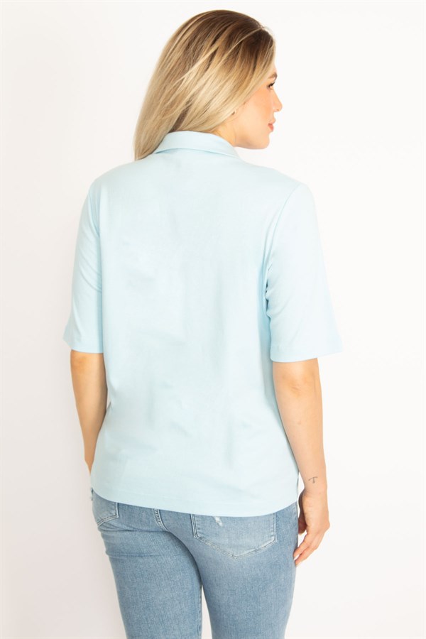 Kadın Haki Polo Yaka Pat Düğmeli Sim Ve Taş Detaylı Bluz 65N34521