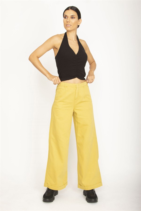 WOMEN'S SAFFRON WAIST DETAILED WIDE LEG DOUBLE LEG TROUSERS