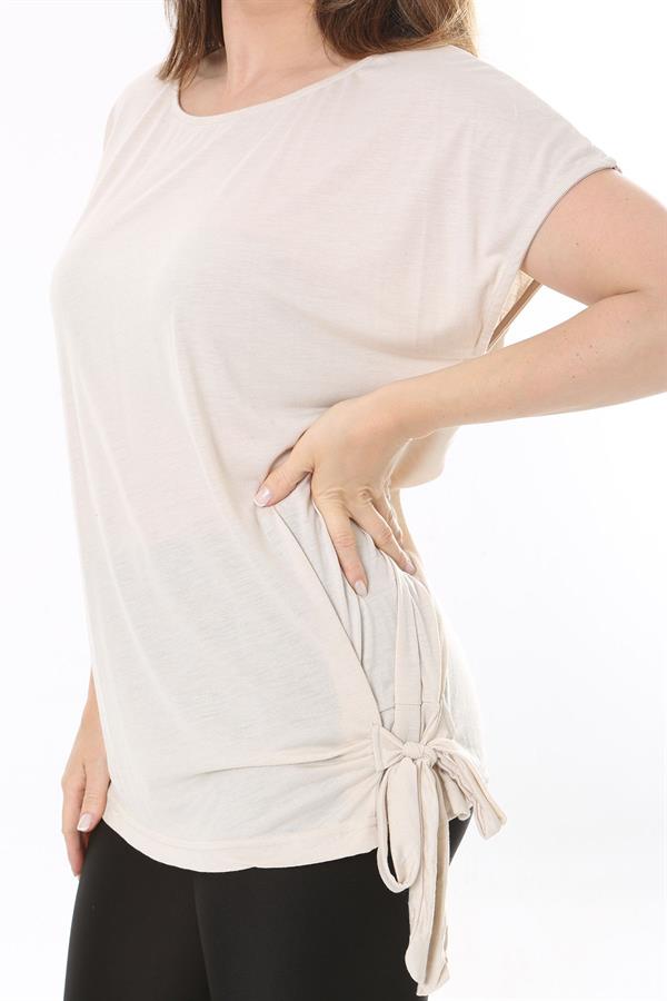 Kadın Büyük Beden Bej Yan Bağlamalı Bisiklet Yakalı Kısa Kollu Bluz 65N37849