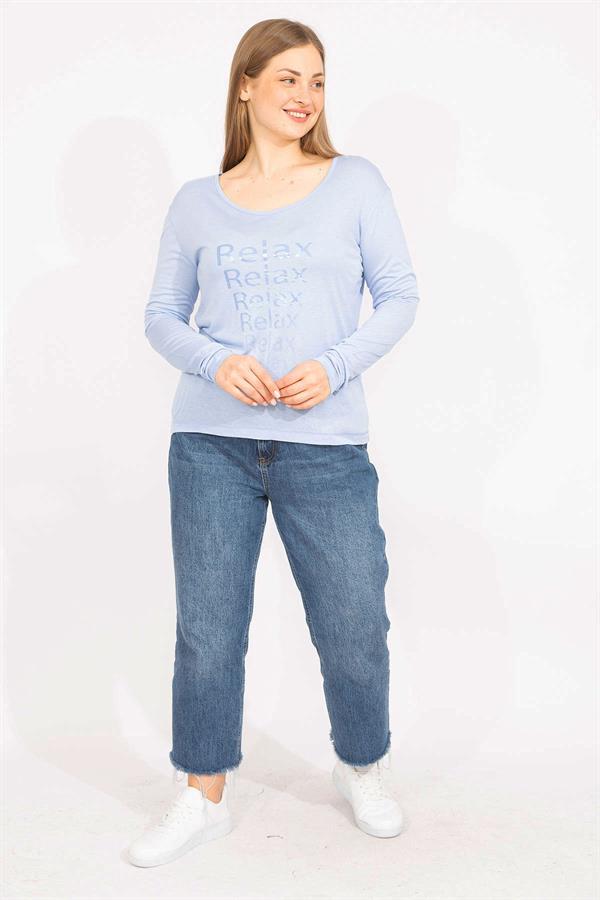 Kadın Bebe Mavisi Büyük Beden Bisiklet Yakalı Ön Baskılı Bluz 65N35567