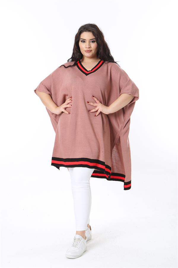 Kadın Büyük Beden Pudra V Yakalı Triko Panço 65N38571