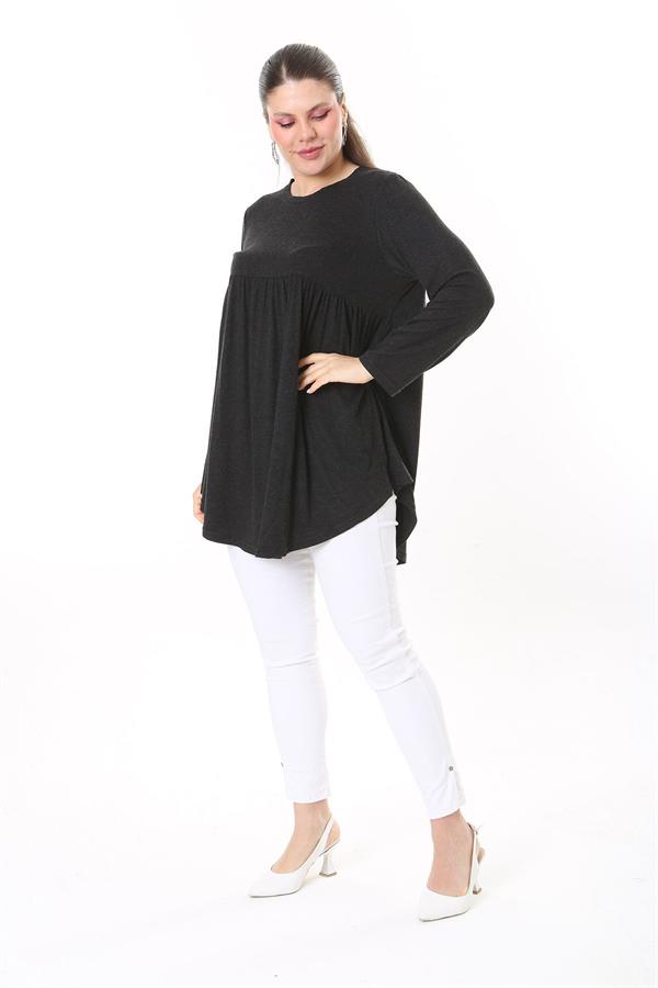 Kadın Büyük Beden Antrasit Göğüs Büzgü Detaylı Uzun Kollu Tunik 65N37687