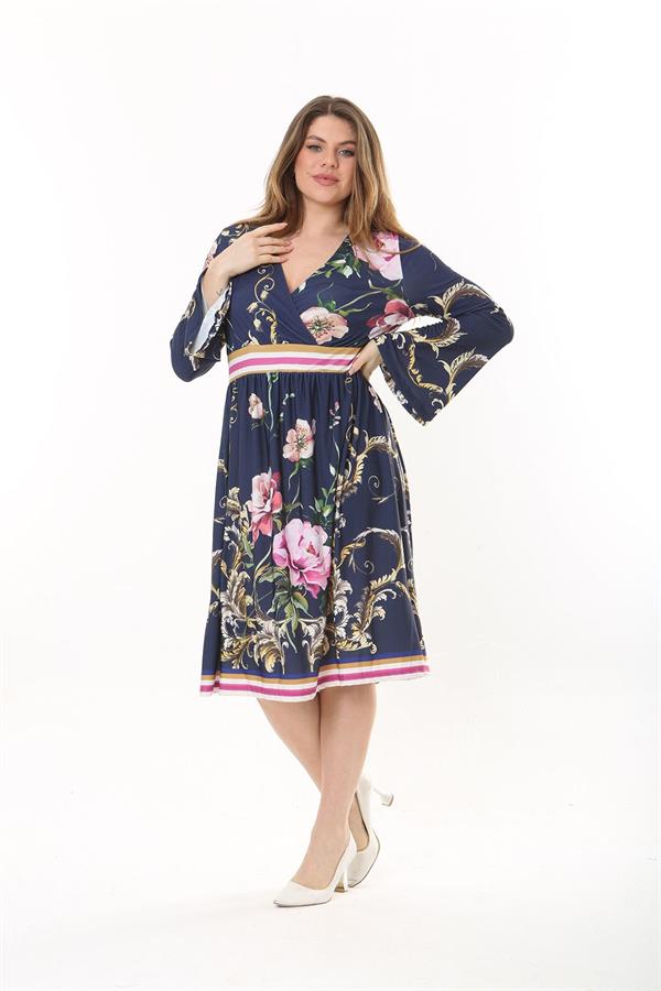 Kadın Büyük Beden Lacivert Anvelop Yakalı Bel Büzgülü Uzun Elbise 65N37550