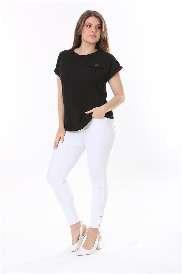 Kadın Büyük Beden Siyah Rahat Kesim Göğüs Cepli Kısa Kollu Bluz 65N37856