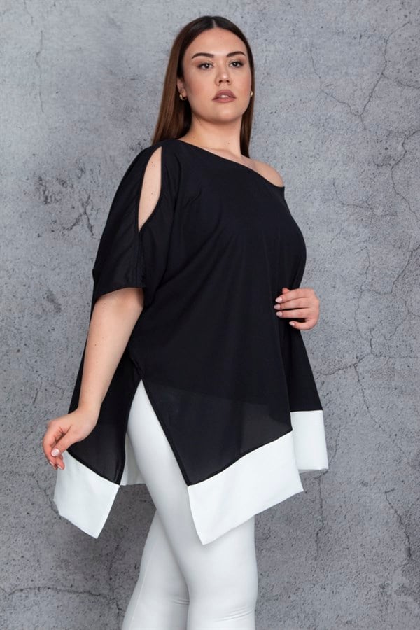 Kadın Siyah Omuz Dekolteli Etek Ucu Bantlı Şifon Tunik 65N25562