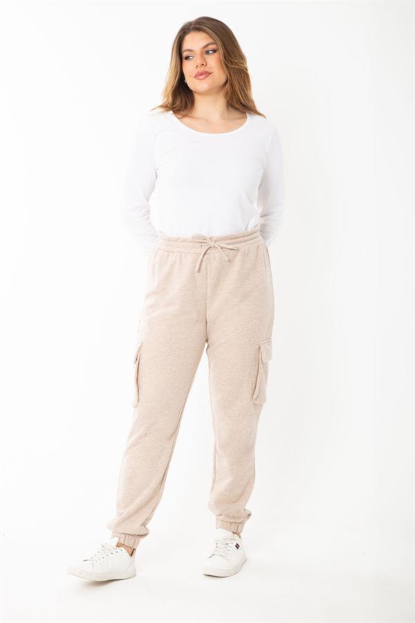 Kadın Büyük Beden Vizon Bel Ve Paçası Lastikli Kargo Cepli Eşofman Alt 65N37391